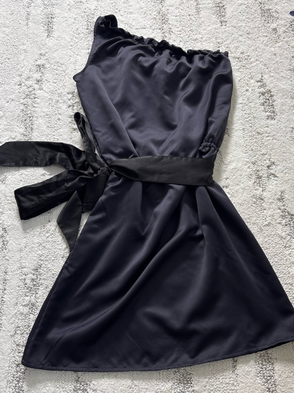 Black One-Shoulder Satin Dress with Waist Sash